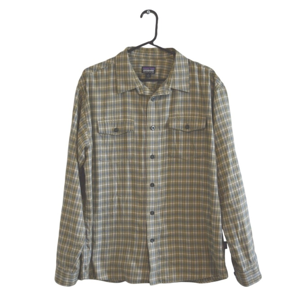 Patagonia Plaid Shirt Mens Large Green Tan Organic Cotton‎ Excellent Long Sleeve